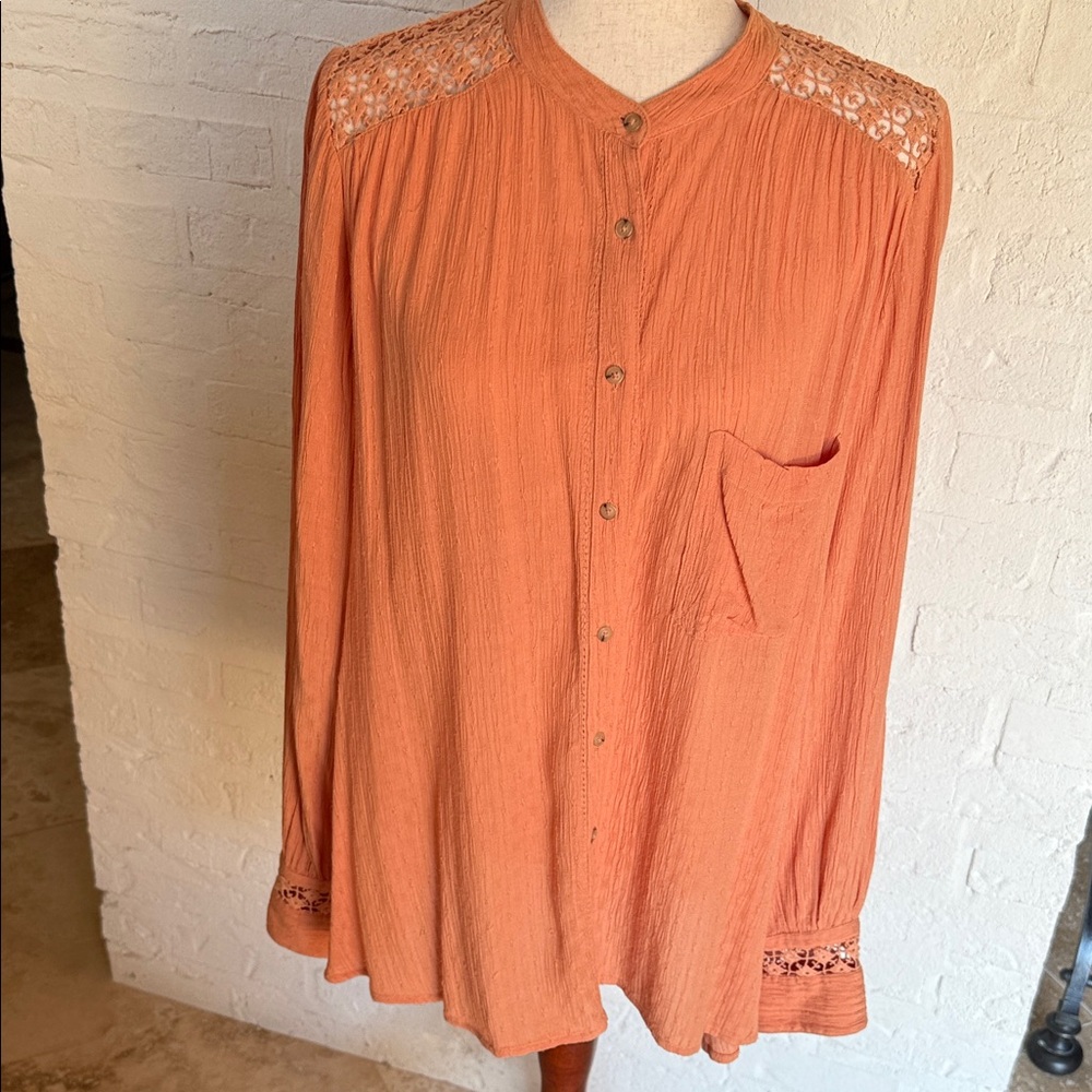 Orange Button-Up Blouse with Lace Details
